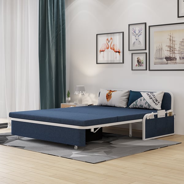 60.2 Modern Blue Cotton Linen Upholstered Convertible Sofa Bed with Storage