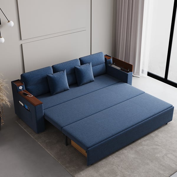 83 Blue Full Sleeper Sofa Linen Convertible Sofa Bed with Storage  Side Pockets